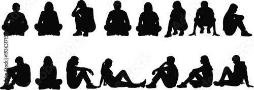 Seated human silhouettes in various postures, sitting vector illustration, body language design graphics, relaxation and meditation poses for artistic use