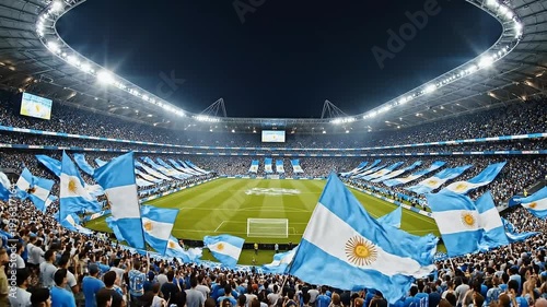 Vibrant Stadium Scene with Waving Argentine Flags and Cheering Crowd at Night