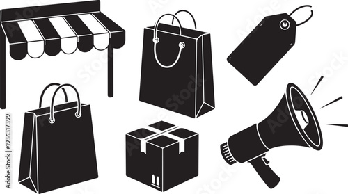 Shopping and advertising icons in black and white style