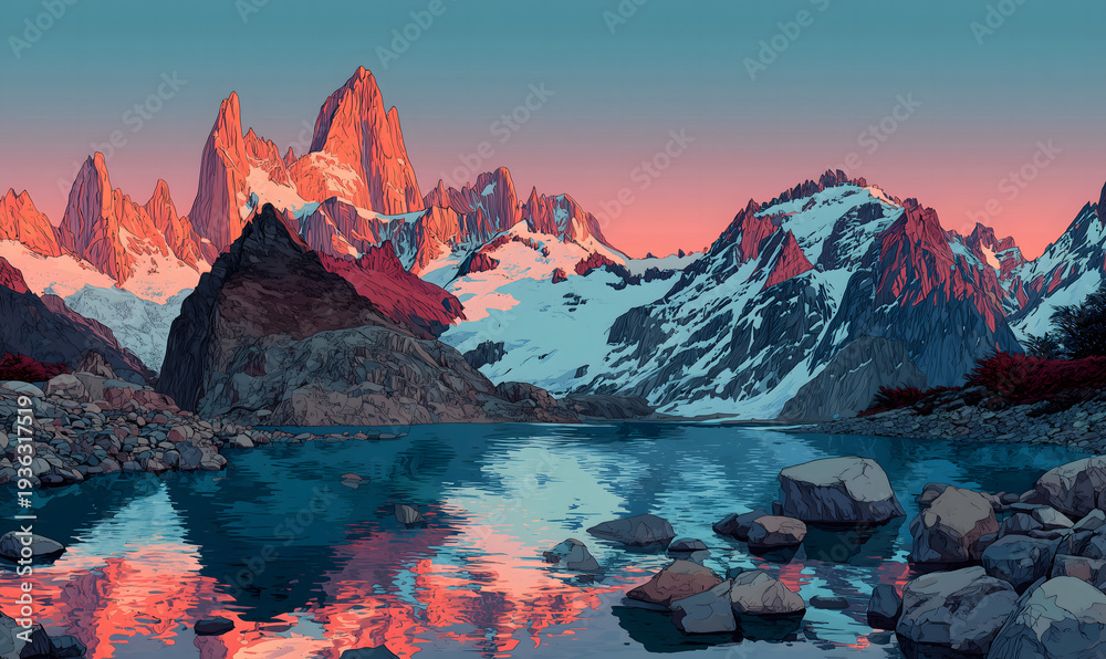 Obraz premium Patagonia scenery in Argentina and Chile South America in illustrations, presentation images, travel image ideas, tourism promotion, postcards, generative AI