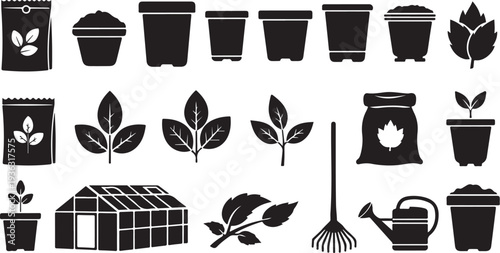Gardening tools and plants in black and white icons