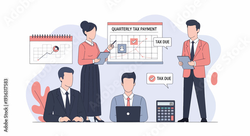 Business people working on tax payment calendar illustration.