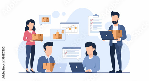 Business people working together in a collaborative office environment.