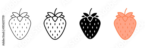 Set of minimalist strawberry icons with transparent background, depicting fruit symbols for user interface designs, food graphics, and healthy eating concepts, vector illustration