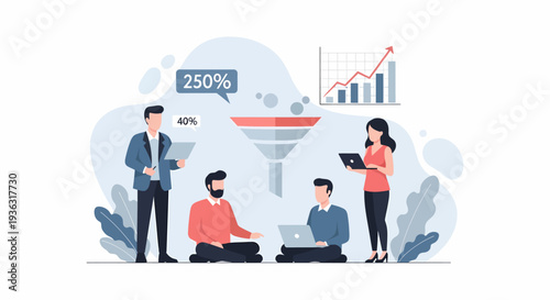 Business professionals collaborating on sales funnel analysis and marketing strategy.