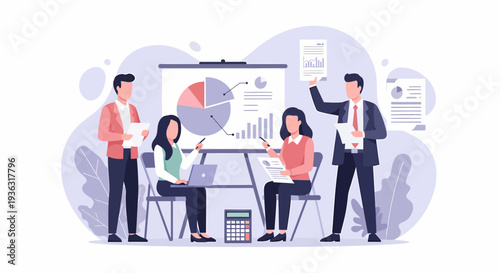 Business team collaborating on a financial project with charts and data.