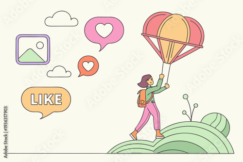 Person with parachute and social media icons on a light background