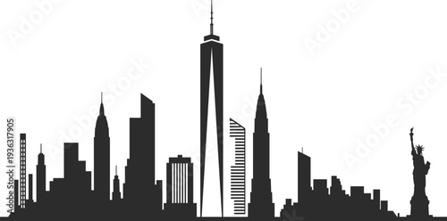 New York City skyline vector silhouette with One World Trade Center, Empire State Building, and Statue of Liberty