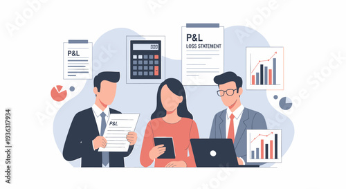 Business professionals analyzing financial statements and profit and loss reports.
