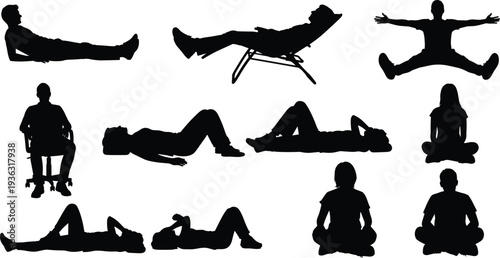 Seated silhouettes, reclining figures, cross‑legged posture, lounge chair, office chair, stretching poses, relaxation, ergonomics, body language, physical exercise, lifestyle design