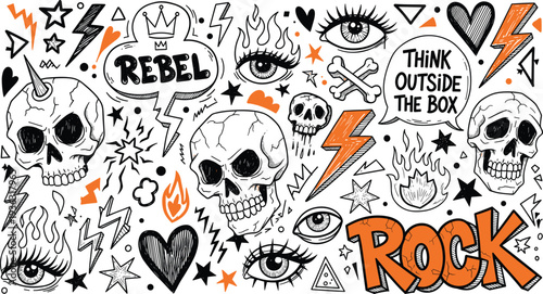 Gritty Punk Rock and Urban Doodle Set Featuring Skulls Lightning Bolts Rebel Typography and Hand-Drawn Alternative Symbols
