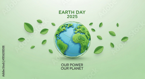 Earth day 2025 illustration with globe and leaves on green background eco friendly concept