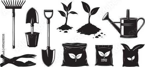 Gardening tools and supplies for planting and growth care