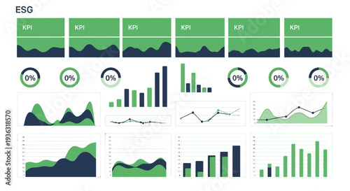Corporate ESG and KPI dashboard illustration: Digital data visualization for strategic business analysis and sustainability.