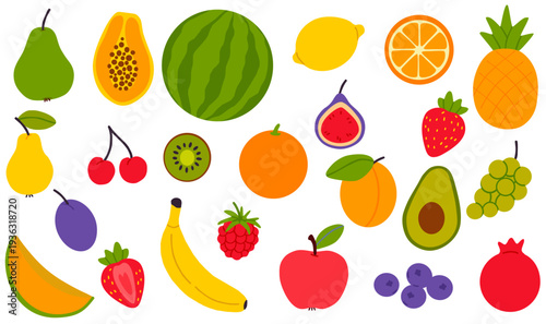 collection of  colorful fruits and berries natural tropical fruits. Lemon, cherry, apple, peach, banana, strawberry, pineapple, fig, dragon fruit. Vector illustration. 
