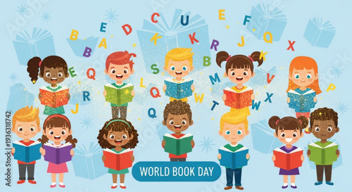 Diverse children reading books on world book day with alphabet letters flying around them in colorful illustration