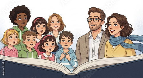 Diverse group of children and adults reading together from a large book in a colorful illustration