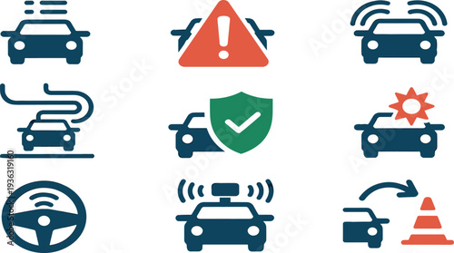 Colorful vector icons of autonomous driving, smart vehicle technology, and car safety features including sensors, alerts, and obstacle detection.