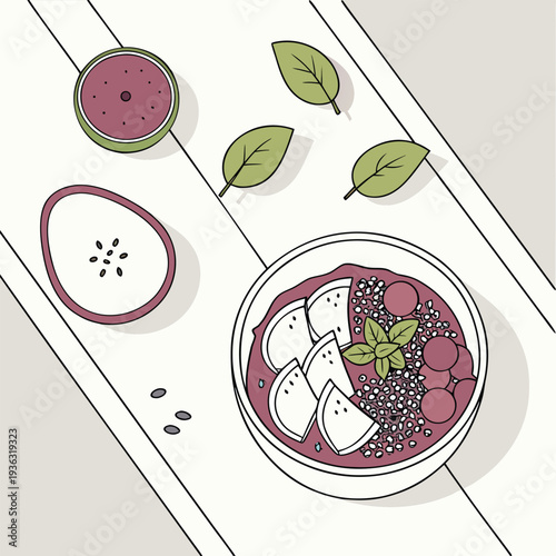 Healthy Organic Acai Bowl with Dragon Fruit on Marble Background.