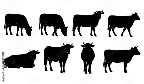 Farm Cow Silhouette Icon Set in Various Poses Vector Illustration