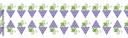 Grapevine seamless pattern border with purple grapes and green leaves for wine label design, vineyard branding, mediterranean food packaging, harvest festival flyers, and kitchen textile decor.