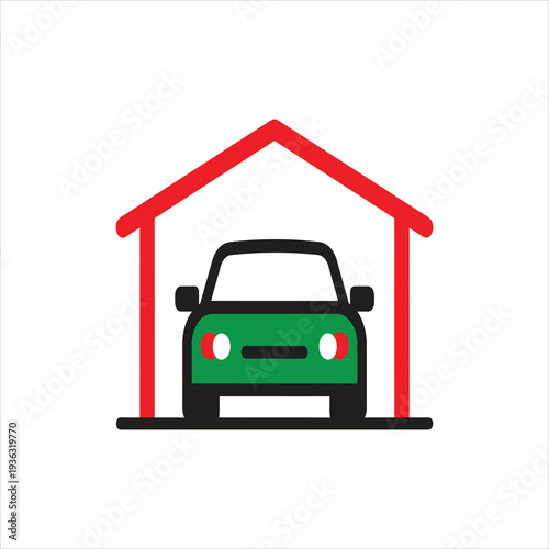 Vector illustration of garage with car lift and automobile. Symbol of auto service. Icon of vehicle garage repair and tuning. new