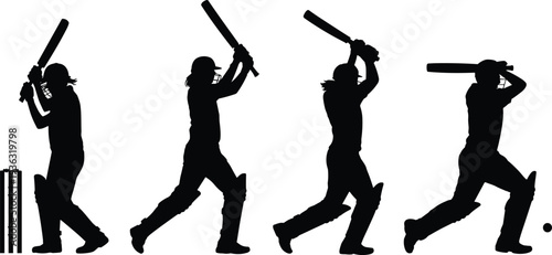 Cricket player silhouette vector set with professional batsman hitting ball in various batting poses for sport