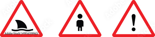 Red warning signs for shark attack pedestrian and general caution on transparent background