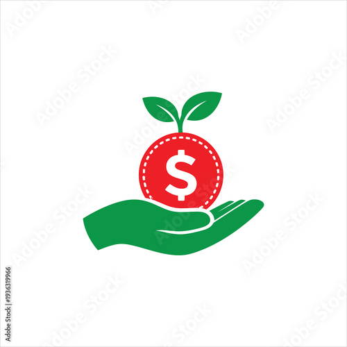 Vector of hand hold coin dollar cash with green sprout grow. Symbol of grant funding. Icon of investments. new