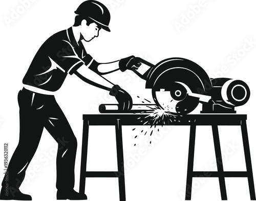 Construction Worker Cutting Metal with Circular Saw Black Silhouette Industrial Worker Vector Illustration
