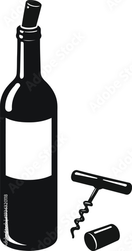 Wine Bottle with Cork and Corkscrew Black Silhouette Alcohol Beverage Vector Icon