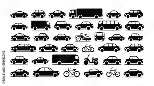 Car vector silhouettes with bicycles and trucks on grey background