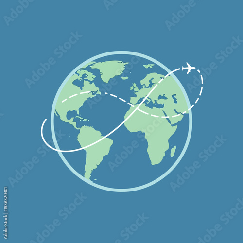 Airplane flying around the globe, world travel concept, global aviation routes