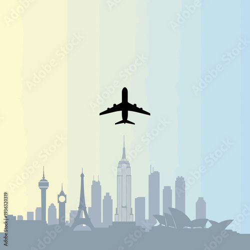 Airplane flying over iconic city skylines around the world, symbolizing travel and global destinations.