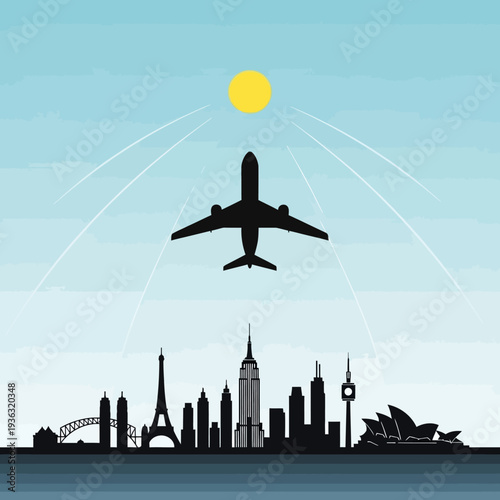Airplane flying over famous world city skylines, travel concept