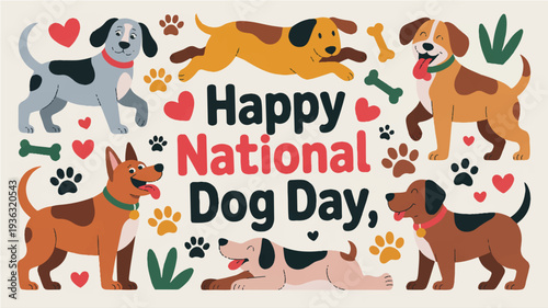 Happy national dog day celebration with various breeds of dogs and pet accessories