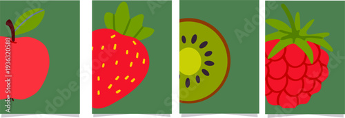 trendy  modern abstract food poster ,design for wall décor, postcard, cover, packaging, t shirt strawberry ,papaya, orange ,kiwi , apple, grapes