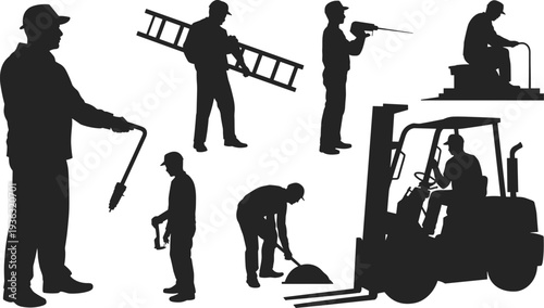 Professional construction worker silhouette vector set with forklift, ladder, and builders for industrial development site projects