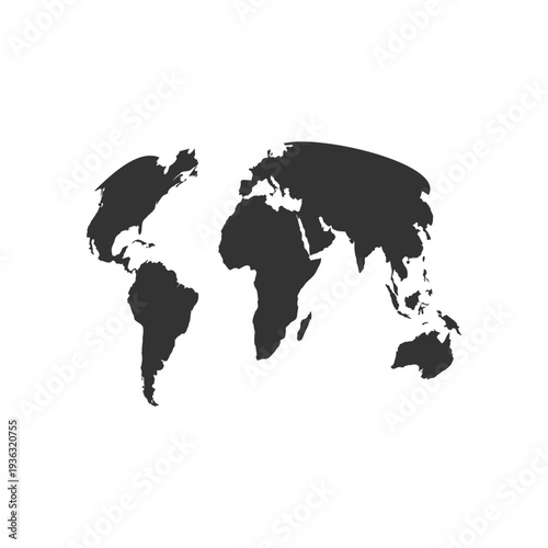 Black Silhouette World Map Isolated on White Background