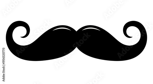 A classic elegant black handlebar mustache with curly ends is prominently featured as a bold graphic icon on a white background.