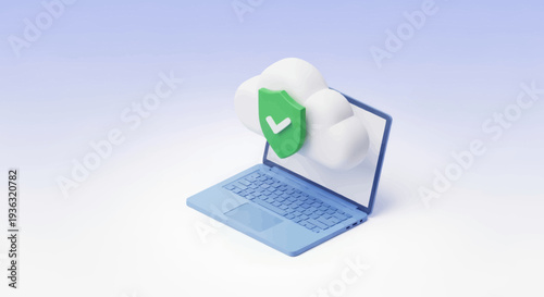 A modern blue laptop with a prominent cloud and a green security shield icon rising from its screen on a gradient background.