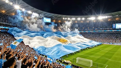 A massive Argentine flag waved by fans in a packed stadium during a night football match under bright stadium lights
