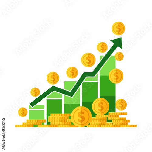 Green financial growth chart with rising arrow and gold coins, symbolizing profit and success