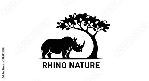 A striking black silhouette logo depicts a powerful rhinoceros standing gracefully beneath a lush, mature tree, accompanied by the text "RHINO NATURE".
