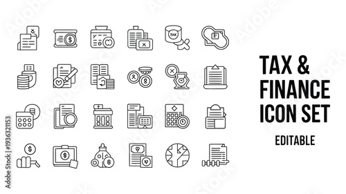 Finance icons set including tax and money editable vector illustrations