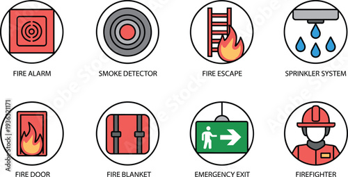 Colorful vector icons of fire safety equipment including alarms, detectors, exits, and firefighter symbols for emergency and protection themes.