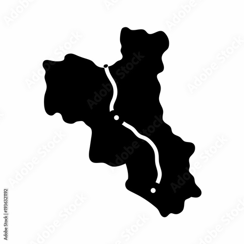 Simple black and white map highlighting a route through a landmass