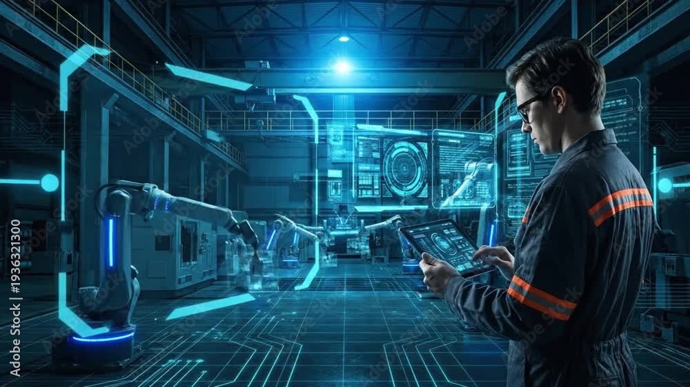 custom made wallpaper toronto digitalSmart Factory Engineer with Tablet Controls Robotic Automation via Holographic Interface & Digital Twin