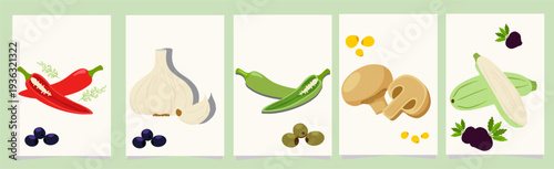 abstract modern poster print with hand drawn red peppers or paprika, pumpkin, tomato, zucchini or vegetable marrow trendy illustration for card, brochure, cover