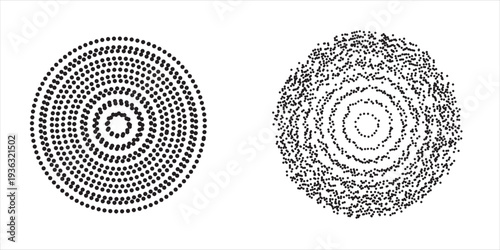 Black concentric circle set. Sonar or sound wave ring collection. Dotted and linear epicentre, target, radar icon concept. Ripple radial signal or vibration elements.